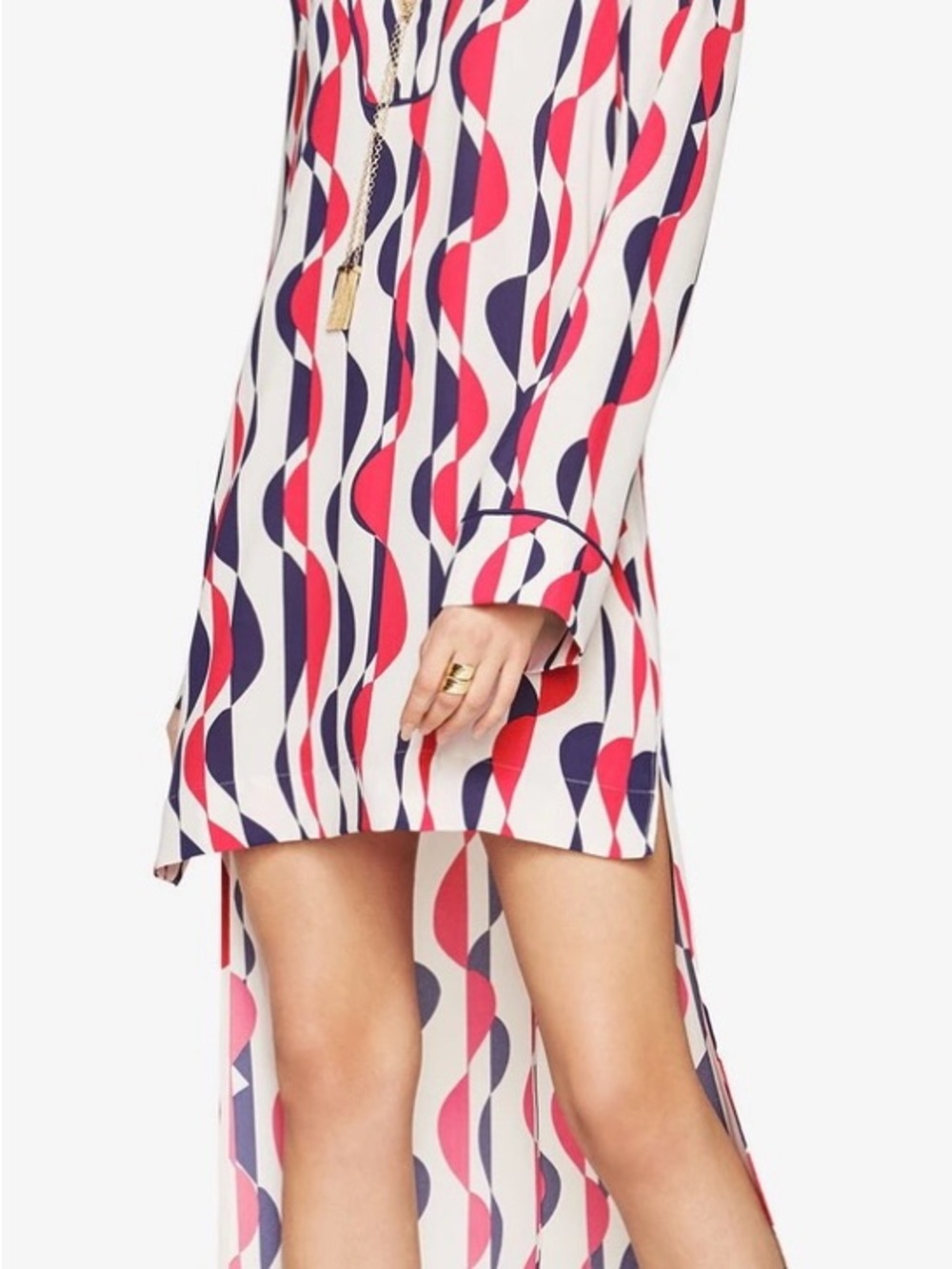 BCBGMaxAzria Red, Navy & White High-Low Wave Print Dress